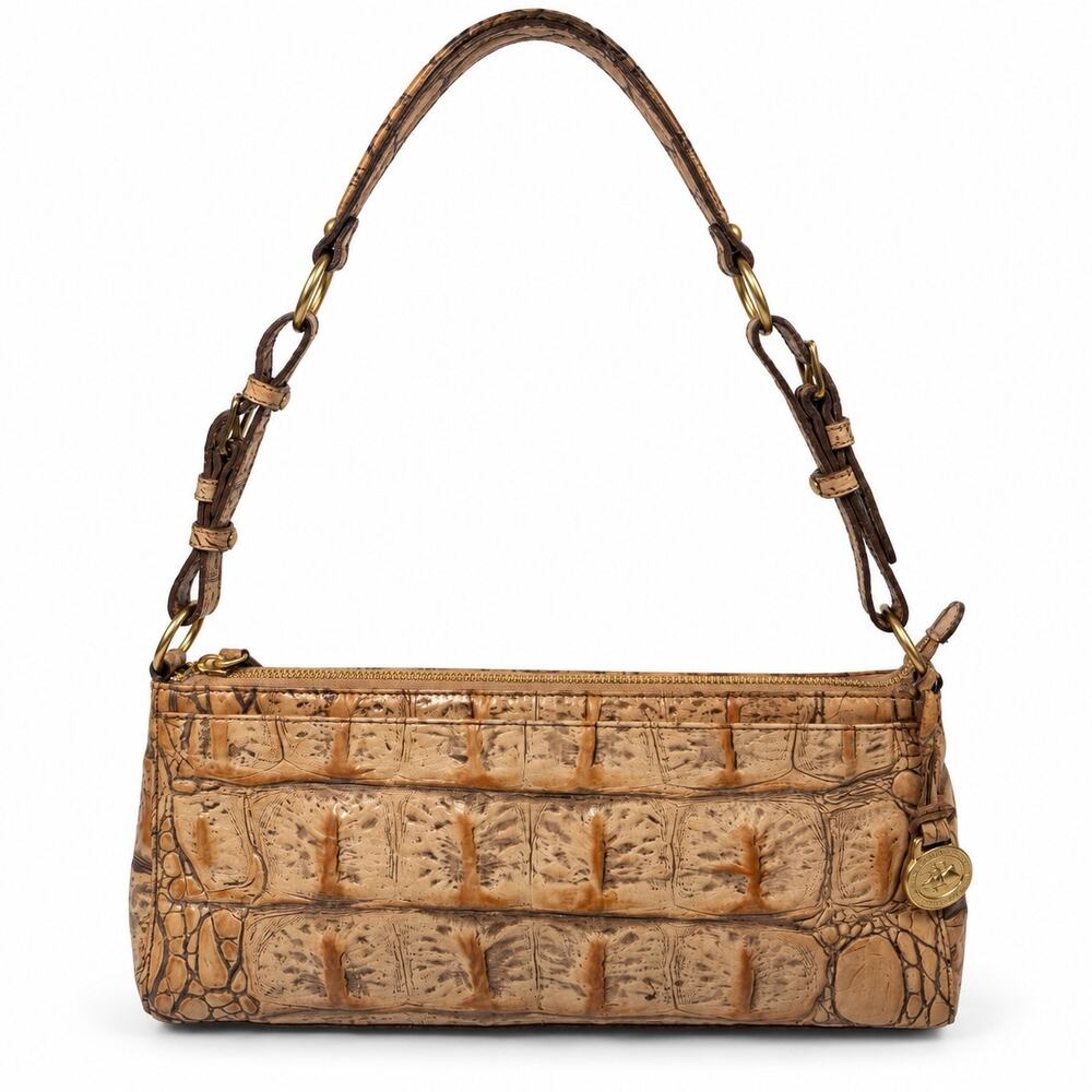 Brahmin Croc Embossed Leather Shoulder Bag Tan Gold Womens Zip Top Purse Handbag